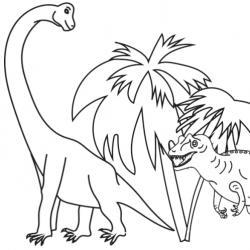 Coloriage de deux dinosaures à imprimer : sur ce coloriage votre enfant peut s'amuser à colorier le dessin d'un allosaure prêt à bondir sur un brachiosaure. Un coloriage gratuit à imprimer sur les din