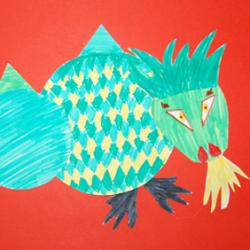 Collage de formes en papier pour réaliser un dragon. Les différents éléments géométriques en papier sont découpés puis coloriés avant d'être coll&