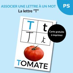 Une carte alphabet pour associer la lettre T à un mot :T comme Tomate