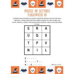 Grille de jeu N°10 des puzzles de lettres sur Halloween. Les enfants devront utiliser les lettres de cette grille pour écrire 3 mots extraits du vocabulaire d'Halloween et du monde des revenants !