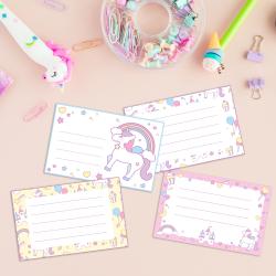 Etiquettes à imprimer par huit. Ces étiquettes de cahier sont à découper et à coller sur les livres scolaires et les cahiers de classe afin d'avoir de jolies licornes et des arcs-en-ciel sur les carne