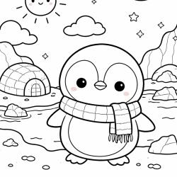 Coloriage pingouin kawaii au pôle Nord à imprimer gratuitement