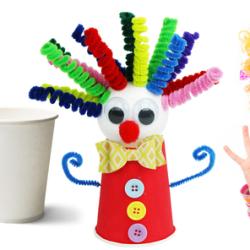 Aujourd'hui, découvrez comment fabriquer facilement un clown en utilisant un gobelet en carton, une boule en polystyrène, des chenilles et quelques accessoires. Une activité créative facile idéale pou