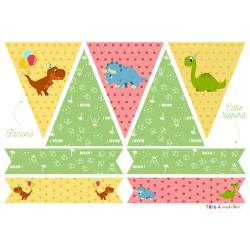 Printables pour un anniversaire sur le thème des dinosaures à imprimer pour organiser votre anniversaire dinosaure ! Des fanions a accrocher sur une ficelle et des cake toppers à plier en deux et à me