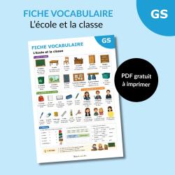 Téléchargez une fiche vocabulaire sur l’école et la classe pour la maternelle. Activités, exercices et mots illustrés à imprimer gratuitement.