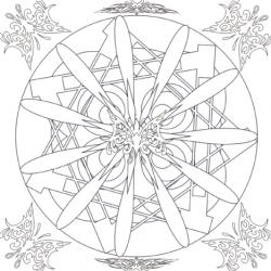 Au centre du coloriage se trouve une grande rosace auc branches fines et dans les angles un papillon aux formes très graphiques. Un coloriage de mandala destiné aux plus grands.