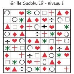Grille de sudoku à visuels géométriques. Sudoku pour la maternelle. cette grille de sudoku est à compléter en collant les visuels de fruits et légumes. Grille de sudoku 19 à comp