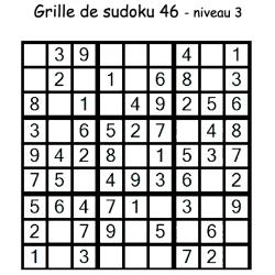 Grille de sudoku 46 de niveau 3 pour les enfants du primaire pour les aider à progresser en maths. Au niveau 3, il manque 3 chiffres au maximum par région.