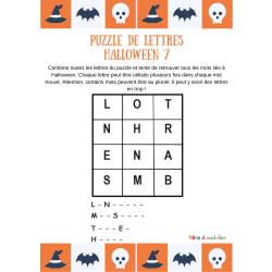 Jeu de vocabulaire sur Halloween, voici le puzzle de lettres N°7 sur le vocabulaire d'Halloween. Avec les lettres proposées dans cette grille, votre enfant devra découvrir 4 mots du vocabulaire d'Hall