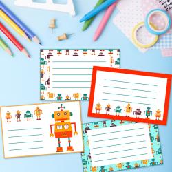 Etiquettes de cahier au motif : robots. Ces 8 étiquettes de cahier hamster peuvent être imprimées directement sur du papier autocolant pour imprimante.