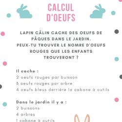 Un jeu de calcul de Pâques à imprimer : Lapin câlin cache des oeufs de Pâques pour les petits enfants du jardinier.