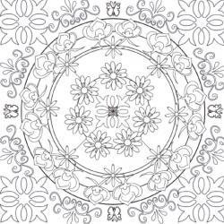 Mandala jardin complexe 3 : un mandala complexe et chargé organisé autour du thème du jardin et des fleurs. Un mandala dont le coloriage demandera dextérité et précision du geste.