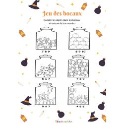Ces bocaux contiennent des bonbons, des araignées, des citrouilles, des sorcières et des chats. C'est à votre enfant de les compter et d'entourer le chiffre qui correspond sous chaque bocal.
