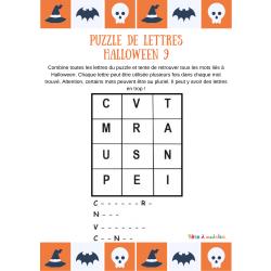 Un puzzle de lettres avec lesquelles votre enfant doit pouvoir écrire quatre mots liés à la fête d'Halloween. Votre enfant devra trouver un mot commençant par C, un commençant par N, un autre par V et