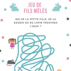 Jeu de fils mà™lés à imprimer , une fillette, une souris et un lapin à la recherche de l'oeuf en chocolat . Un jeu sur le thème de Pà¢ques.