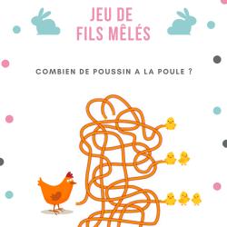 Jeu de fils mà™lés à imprimer , une fillette, une souris et un lapin à la recherche de l'oeuf en chocolat . Un jeu sur le thème de Pà¢ques.