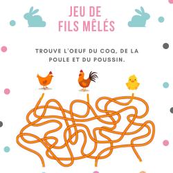 Jeu de fils mà™lés à imprimer , une fillette, une souris et un lapin à la recherche de l'oeuf en chocolat . Un jeu sur le thème de Pà¢ques.