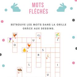 grille de jeu de mots fléchés sur le thème de Pà¢ques et trouver les mots correspondants aux petites images qui illustrent le printemps et Pà¢ques. Jeu gratuit à imprimer