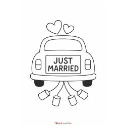Coloriage à imprimer : la voiture des mariés avec décorations et panneau “Just Married”.