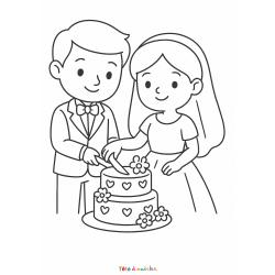 Coloriage de mariage à imprimer : les mariés coupent leur gâteau. Un moment délicieux et joyeux à colorier avec tendresse.