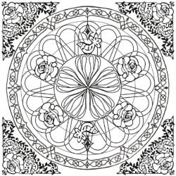 Un dessin de mandala très chargé à imprimer. Le mandala rond est intégré dans un carré dont les quatre angles sont décorés d'un motif baroque.
