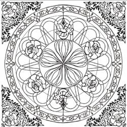 Dessin d'un mandala complexe tout en rosaces à imprimer pour le coloriage Thérapie des adultes. Les motifs en rosaces de ce mandala sont complétés par des motifs végétaux : roses et branchages entrela