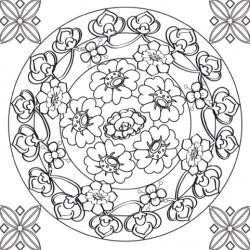 Dessin d'un mandala complexe à imprimer sur le thème des fleurs. les fleurs et les arabesques sont disposées en cercle avec des arabesques et des rosaces dans les coins.