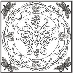 Un mandala complexe composé autour d'un grand papillon. Quatre papillons de coins demanderont un peu de précision lors du coloriage.