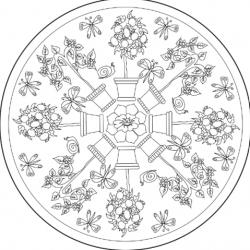 Ce mandala est construit avec des pots de fleurs et arbustes en cercle. Un mandala complexe sur le thème du jardin et des fleurs.