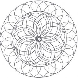Un mandala à imprimer et à colorier, sur ce mandala les rosaces se croisent et par un effet d'optique donnent l'illusion d'un relief. La rosace centrale semble être posée en volume sur la plus grande.