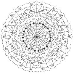 Retrouvez un mandalas d'Halloween avec une toile d'araignée et des petites citrouilles qui va faire plaisir à vos petits monstres