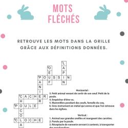 Un Jeu de mots fléchés de niveau facile où il faut retrouver les mots de Pâques grâce aux définitions.
