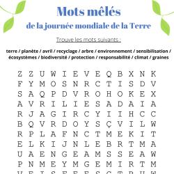 mots mêlés à imprimer gratuitement pour la journée de la Terre le 22 avril. Trouvez les mots en rapport avec les mots mêlés.