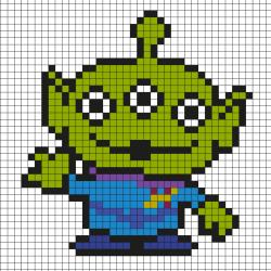 Réaliser ce beau Pixel Art de l'Alien de Toy story en prenant un quadrillage afin de reproduire les carrés colorés. Vous pourrez alors reproduire l'Alien de Toy Story.