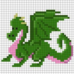 Réaliser ce beau Pixel Art d'un dragon effrayant en prenant un quadrillage afin de reproduire les carrés colorés. Vous pourrez alors reproduire ce dragon pour le plus grand bonheur des petits et des g