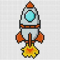 Réaliser ce beau Pixel Art de l'espace en prenant un quadrillage afin de reproduire les carrés colorés. Vous pourrez alors avoir une magnifique fusée qui vous permettra de voyager dans toute la galaxi