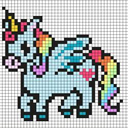 Réaliser ce beau Pixel Art en prenant un quadrillage afin de reproduire les carrés colorés. Vous pourrez alors avoir une belle licorne aux cheveux arc-en-ciel qui sera très heureuse de décorer la mais