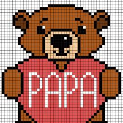Ce modèle de Pixel Art représente un ourson qui tient un coeur écrit Papa. Ce modèle est à imprimer gratuitement. Il vous suffira ensuite de prendre du papier quadrillé et de suivre notre modèle carré