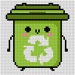 Modèle de Pixel Art poubelle de tri sélectif à reproduire sur un papier quadrillé. Une bonne idée pour la journée de la Terre.