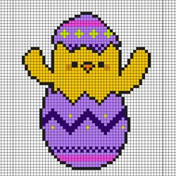 Ce modèle de Pixel Art vous permettra de réaliser un petit poussin de Pâques dans son oeufs. Il vous suffira de prendre une feuille quadrillée ou d'imprimer notre grille afin de pouvoir reproduire cha