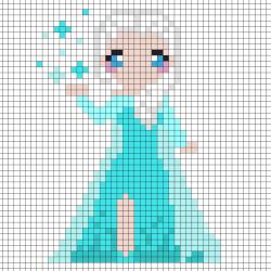 Réaliser ce beau Pixel Art de la Princesse Elsa de la Reine des neiges en prenant un quadrillage afin de reproduire les carrés colorés. Vous pourrez alors reproduire Elsa pour le plus grand bonheur de