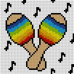 Modèles de Pixel Art sur la Fête de la musique avec des instruments de musique.  Retrouvez des modèles à suivre carrés après carrés afin de recréer ces instruments en Pixel Art