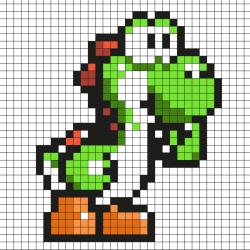 Réaliser ce beau Pixel Art en prenant un quadrillage afin de reproduire les carrés colorés. Vous pourrez alors avoir un Yoshi qui sera prêt à aller aider Mario et tous ses autres amis au royaume champ
