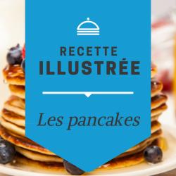 Recette des crèpes anglaises, les pancakes. Recette illustrée de visuels pour les plus jeunes. Une recette facile à faire pour préparer les célèbres crêpes anglaises : les pancake