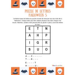 Sur cette grille de lettres votre enfant devra retrouver 4 mots de vocabulaire lié à l'univers de la peur, la peur lié à la fête d'Halloween. Les initiales et quelques lettres offertes aideront votre 