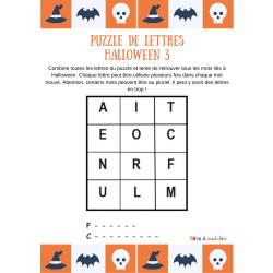 Une grille de lettres à associer pour former deux mots du vocabualire d'Halloween. 12 lettres sont proposées pour découvrir deux mots commençant par les lettres "F" et "C". Un jeu pour progresser en f