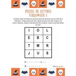 Imprimez cette grille de lettres et laissez votre enfant retrouver les deux mots de vocabulaire d'Halloween cachés. Les initiales et le nombre de lettres pour chaque mot sont indiqués.