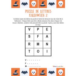 Puzzle de lettres d'Halloween N°2 - un puzzle de lettres dans lequel votre enfant devra découvrir 3 mots de vocabulaire lié à l'univers de la fête d'Halloween. Un jeu sur le vocabulaire à imprimer.