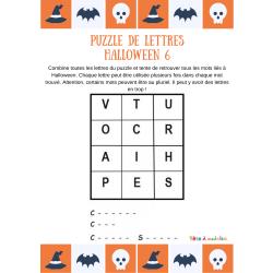 Une grille de jeu facile pour écrire trois mots du vocabulaire d'Halloween. Un puzzle de lettres à imprimer pour jouer avec les lettres et les mots.