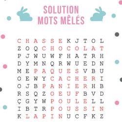 Solution du jeu de mots mêlés de niveau facile où il faut retrouver les mots de Pâques cachés dans cette grille.